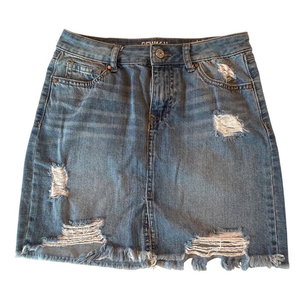 Rewash Womens Distressed Denim Mini Skirt Sz 1 waist 25 Light Wash Frayed Hem